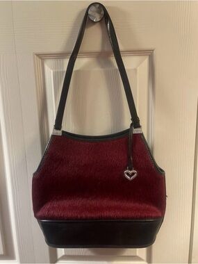 Brighton Vintage Red Calf Hair Shoulder Bag Black Leather Heart Charm Y2K